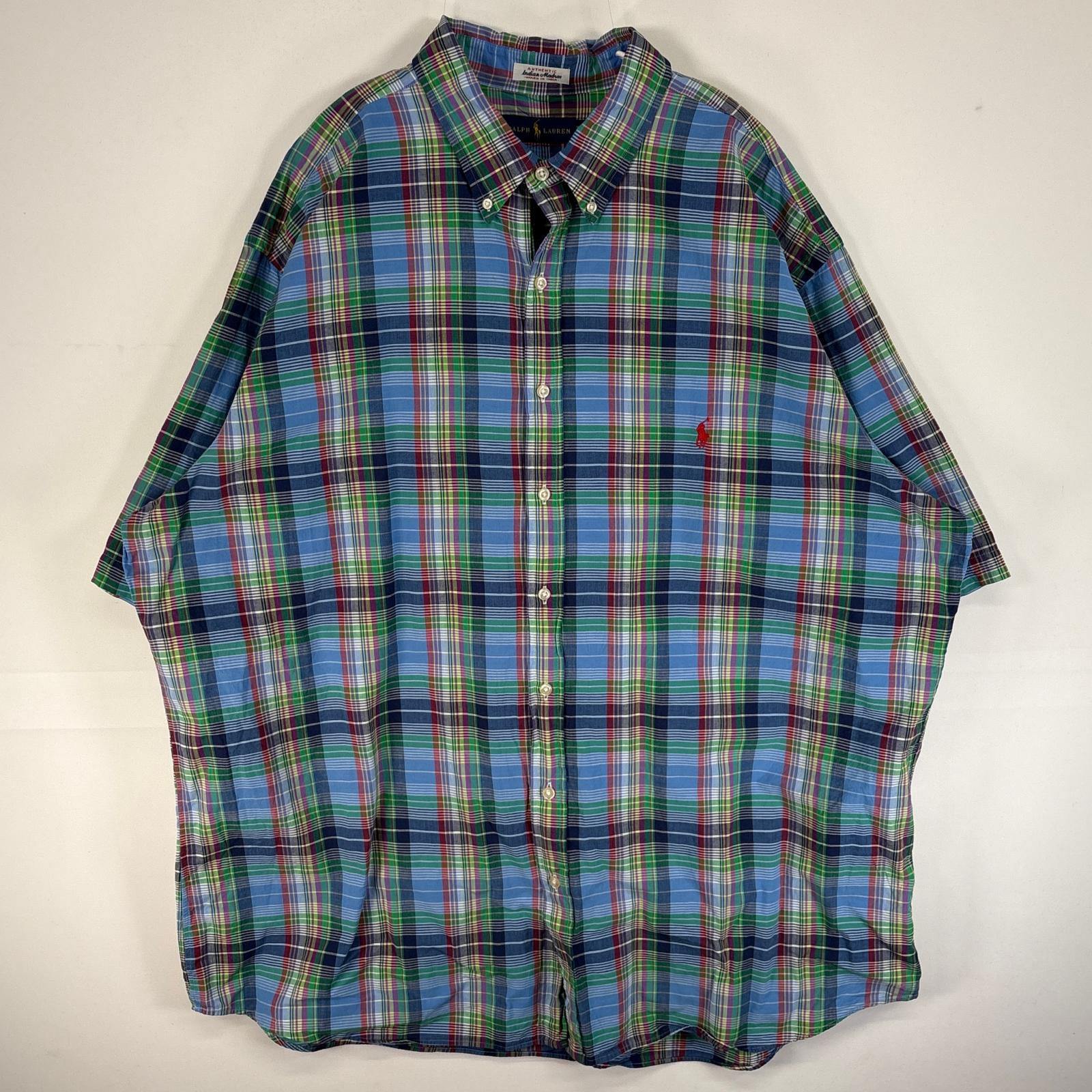古着 半袖シャツ ロゴ 刺繍 authentic indian madras 大きいサイズ 薄手 マドラス チェック 2XL ブルー系 マルチカラー メンズ