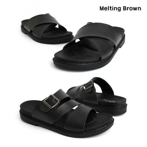 男性用デイリー牛革ストラップクッションスリッパ2種