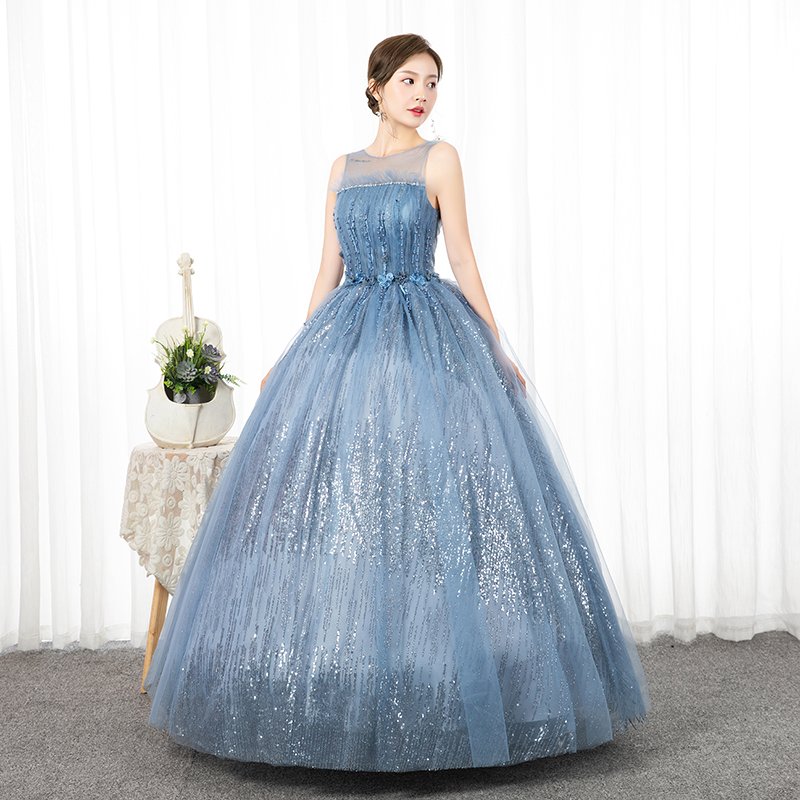 カラードレス ウェディングドレス 演奏会 ブルー シルバー 袖なし 二次会ドレス パーティードレス イブニングドレス ロングドレス 発表会ドレス 大きいサイズ