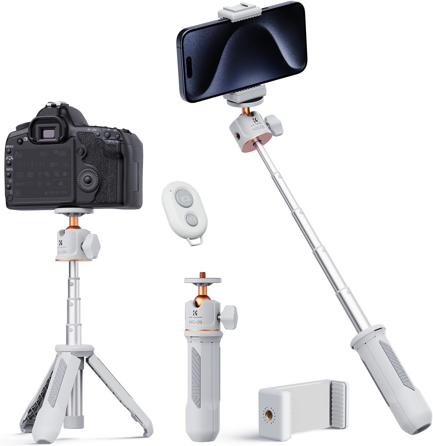 スマホ用ミニ三脚 5段伸縮 卓上使用 ホットシュー付き 360度回転 ホワイト