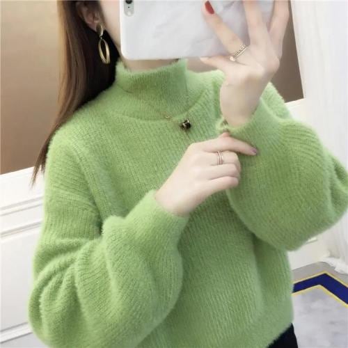 ハイネック ニット セーター レディース ショート丈 トップス 長袖 秋冬 プルオーバー 韓国 厚手 フリース 大きいサイズ 無地 シンプル おしゃれ ピンク 青 白