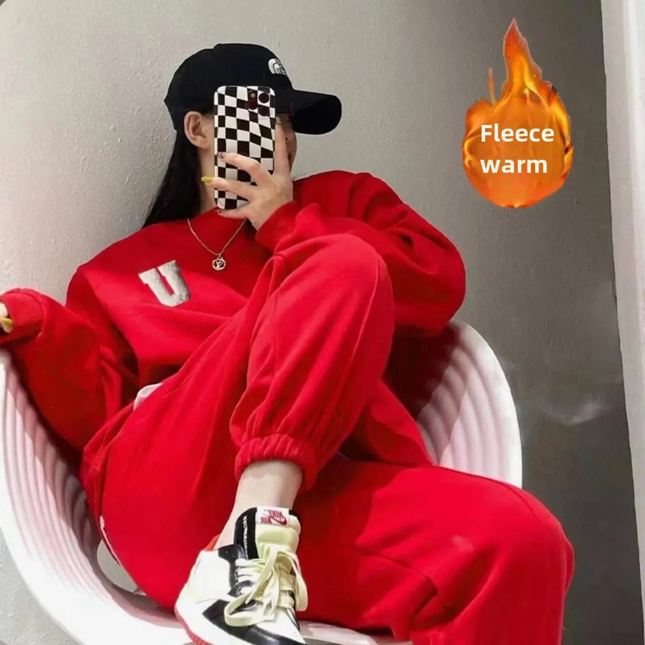 女性用フリースライニングスポーツスーツ,厚手のスウェットシャツとパンツのセット,ルーズフィット,カジュアルファッション,新しいスタイル,秋冬,2個 - 200000345