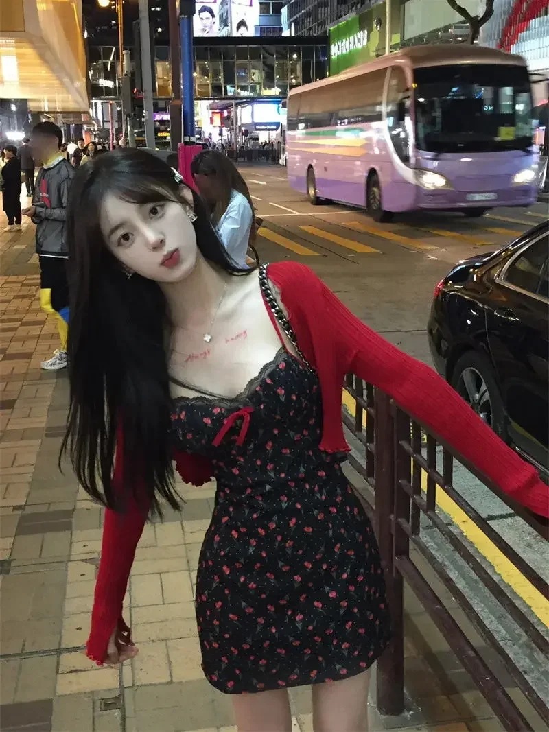 女性のためのセクシーなレースエッジストラップ付きキャミソールドレス,ヒップに包まれた,スリム,ショート,ニットカーディガン,ツーピースセット,女性の秋の衣装 - 2000003