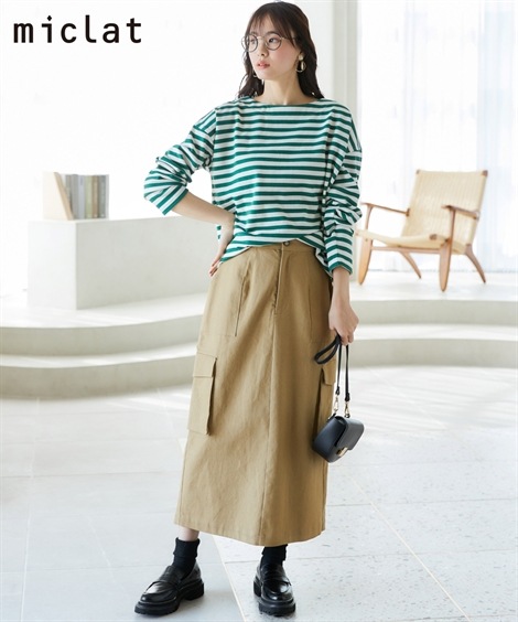 Tシャツカットソー 大きいサイズ　ボートネックボーダーカットソー　miclat