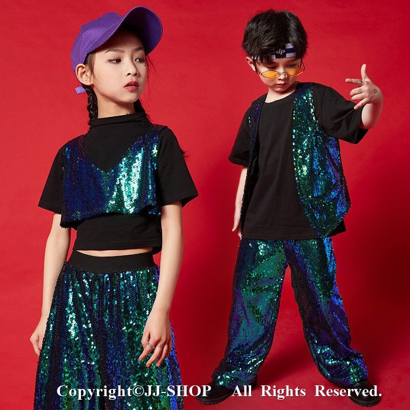 半袖3点セット グリーン スパンコールベスト 衣装 キッズ ヒップホップ Tシャツキッズ ダンス衣装