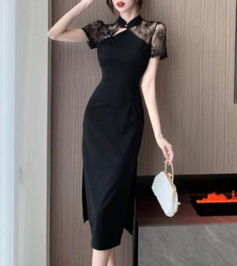 ドレス ワンピース パーティードレス ミモレ丈ドレス チャイナドレス ナイトドレス セクシードレス ミモレ丈 半袖 細身 レース スリット サイドスリット 大人 上品 おしゃれ お洒落 クール
