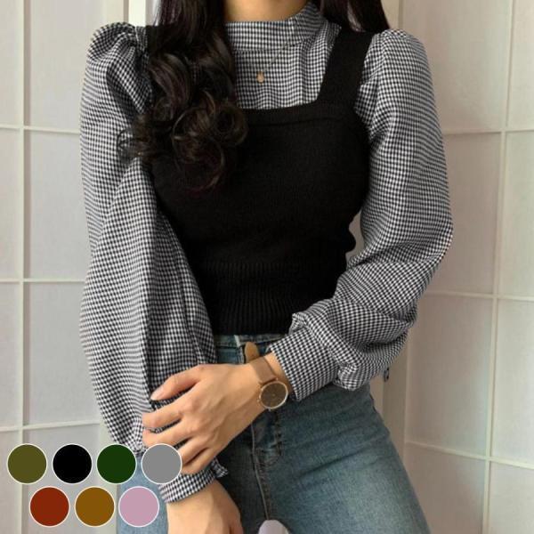 【急速出荷!】気質 長袖シャツ ブラウス 長袖 ローック ビスチェ レディース 2点セット ニットビスチェ ノースリーブ トップス ミディアム丈 薄手 パフスリーブ ゆったり 無地