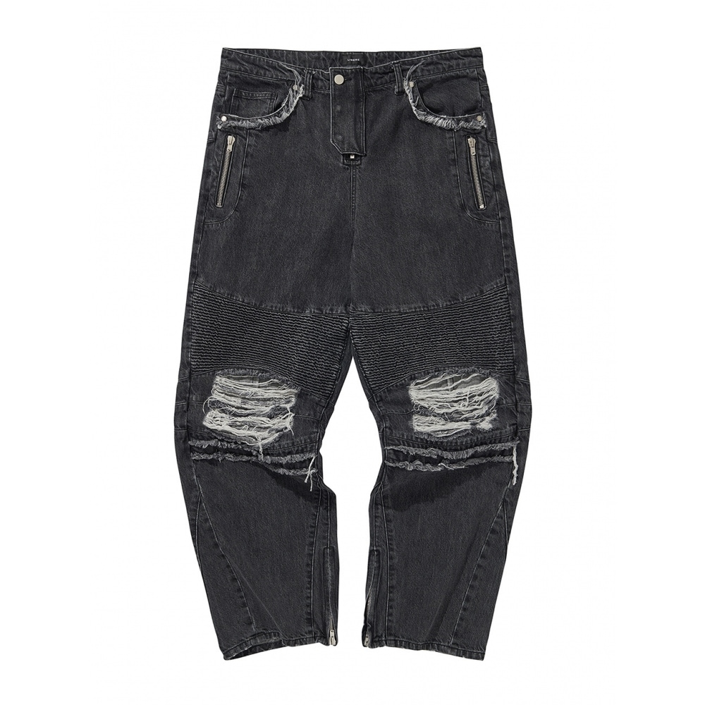 リベレコリアデニムバイカーバギーパンツブラック