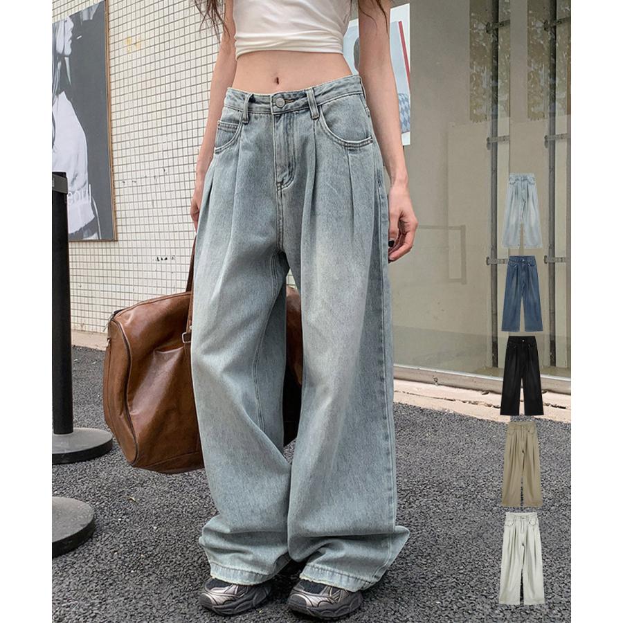 【急速出荷!】人気沸騰 大人気レディースパンツ タックワイドデニムパンツレディース韓国風