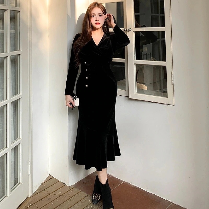 成人式 vネック 大きいサイズ ワンピース フランス風 ベーシック お呼ばれ フォーマル ベルベット 演奏会 スリム タイト ドレス 同 おしゃれ XL-5XL パーティー マーメイド