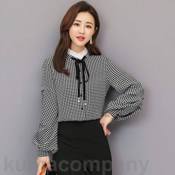 千鳥格子柄 フリル襟 シャツ ブラウス レディース トップス 長袖 春 秋 ボウタイブラウス リボン 大きいサイズ 3L スタンドカラー レトロ 韓国 ファッション オフィス 通勤服 ビジネス お呼ば
