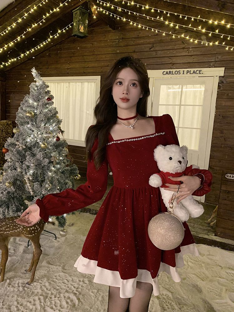 【3日出荷】サンタ コスプレ女装赤クリスマスクリスマススクエアネックワンピース冬ベルベットウエストお姫様ポンポンスカート
