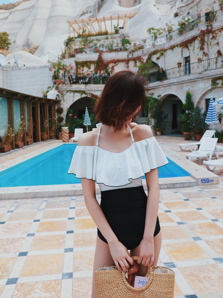 水着 ワンピース オフショルダー 20代 セクシー 可愛い フリル 上品 シンプル