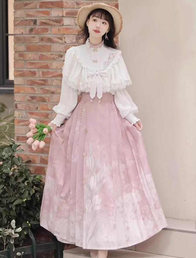 【TikTok人気新品】漢 ロリータ服 改良版漢服 漢シャツ 長袖シャツ 馬面スカート フリル羽織 チューリップの刺繍 ロング丈スカート 女性 ハロウィン コスプレ衣装 中華 コスチューム 撮影衣装