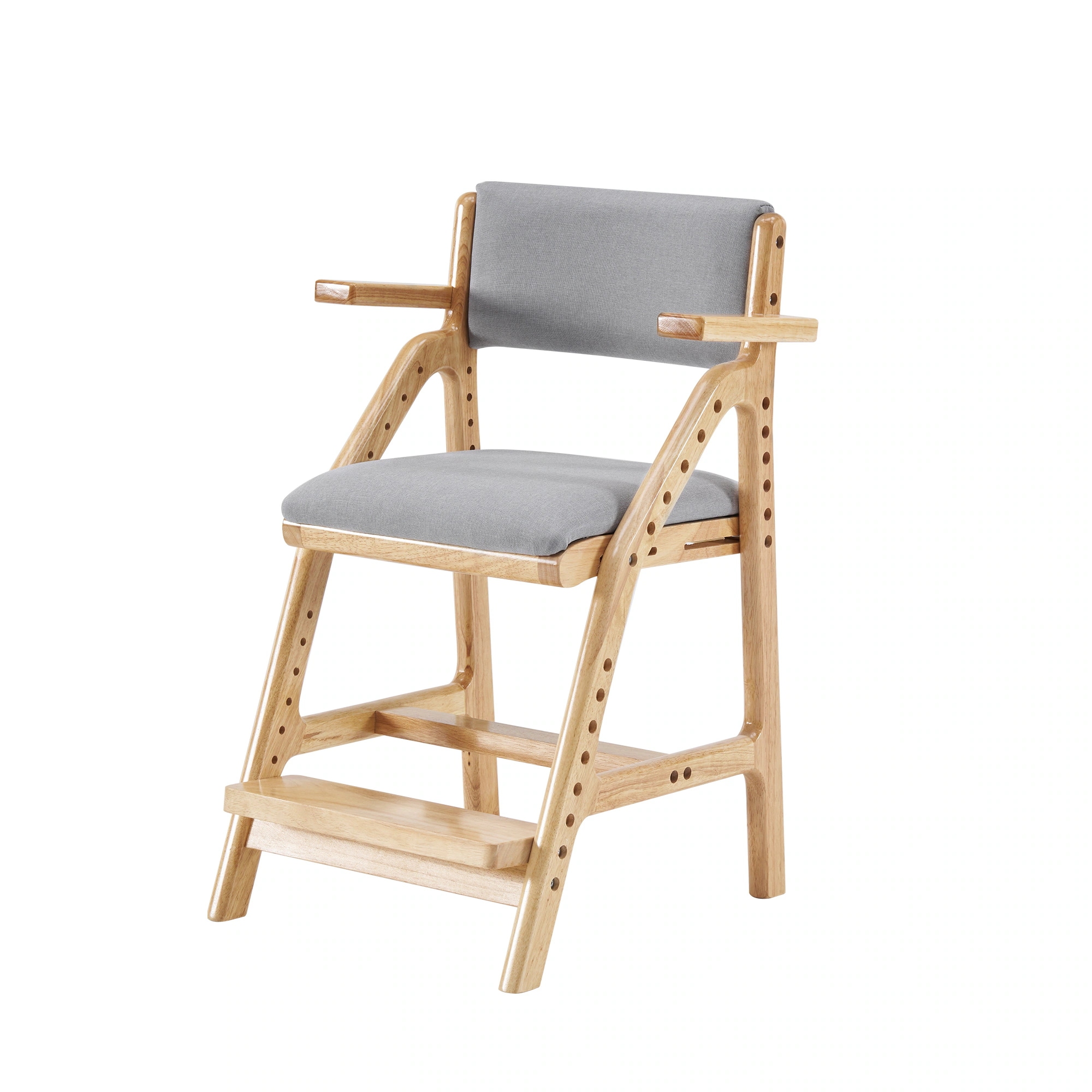 [国内即発送]グレー 肘あり　学習チェア 学習椅子 木製 姿勢 子供 キッズチェア ハイチェア ダイニングチェア 椅子 高さ調整 シンプル コンパクト 組立て 板座 足置き353