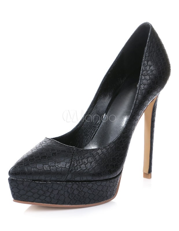 ブラックプラットフォームはスネークプリントポインテッドトゥレザーハイヒールパンプス