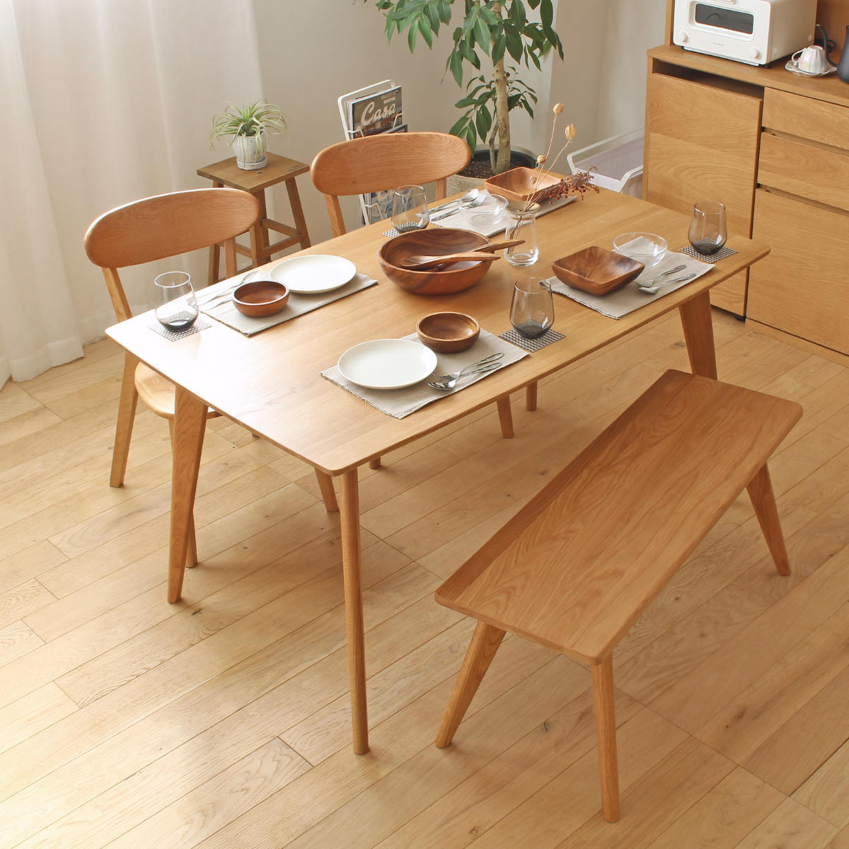 ダイニングセット 4点セット テーブル幅135cm ダイニングチェア2脚 ダイニングベンチ リバー オーク材 ダイニングテーブル ベンチ チェア セット 4人掛け 4人用 テーブル 長方形 北欧