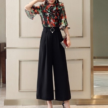 2559.セットアップ ワイドパンツ＆フリルブラウス（レッド）2019 春夏 sale 春夏 sale トップス きれいめ セクシー カジュアル サロペット ヘンリーネック ロング エレガント ボリュ