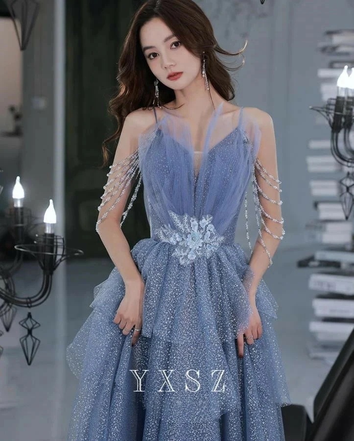【2枚購入で100円OFF】XS-3XL レディース ウェディングドレス カラードレス 結婚式　花嫁 披露宴　刺繍 二次会 パーティードレス 演奏会 お嫁さん 発表会 誕生日会 少女 ブルー