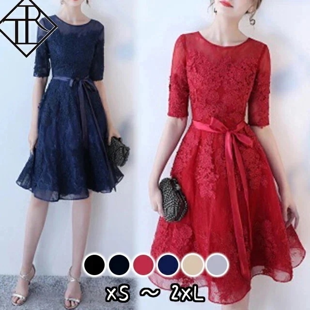 【急速出荷!】パーティードレス 結婚式 ドレス ワンピース レディース 二次会 お呼ばれ パーティー 大きいサイズ ミディアム 膝丈 七分袖 シースルー フレアスカート フォーマル エレガント 上品