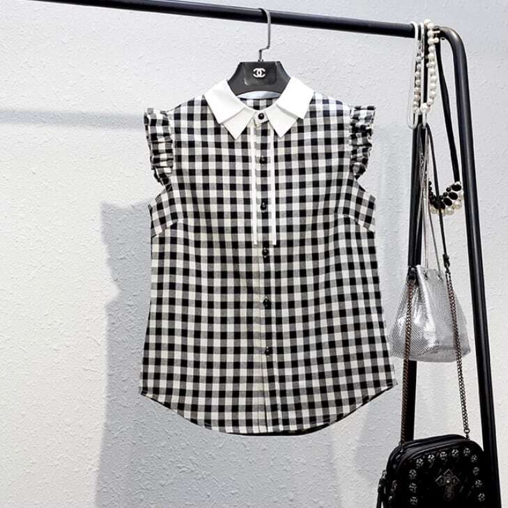レディース シャツ トップス ギンガムチェック ノースリーブ フリル 襟付き