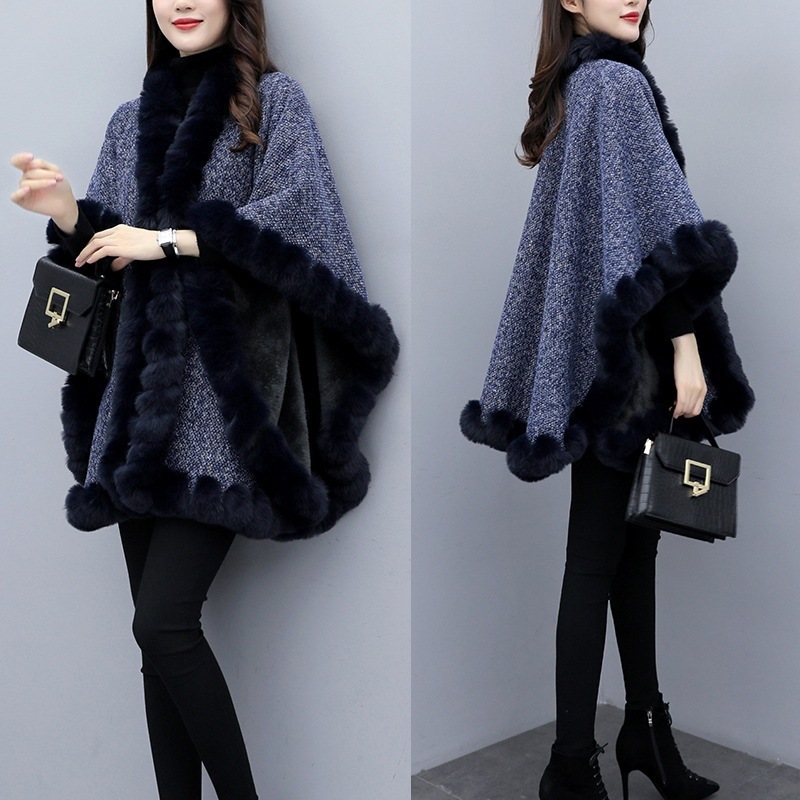 ウールコート23冬新作ファッションファッショナブル多用途プラスベルベット厚みのあるマント大きいサイズショールニットセーター女性用