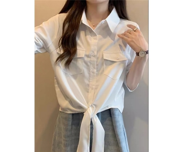 レディース トップス シャツ ショート 長袖 ロールアップ 襟付き ポロカラー 前開き ボタン 大人可愛い きれいめ シンプル カジュアル 上品 おしゃれ かっこいい こなれ感 ボーイッシュ クール 5,442円