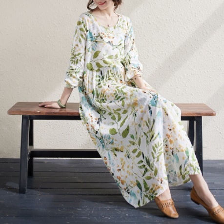 レディース ワンピース プルオーバー ドレス ロング マキシ 長袖 Uネック ラウンドネック Aライン ギャザー 切り替えデザイン ふんわり かわいい 大人可愛い きれいめ シンプル カジュアル 上品