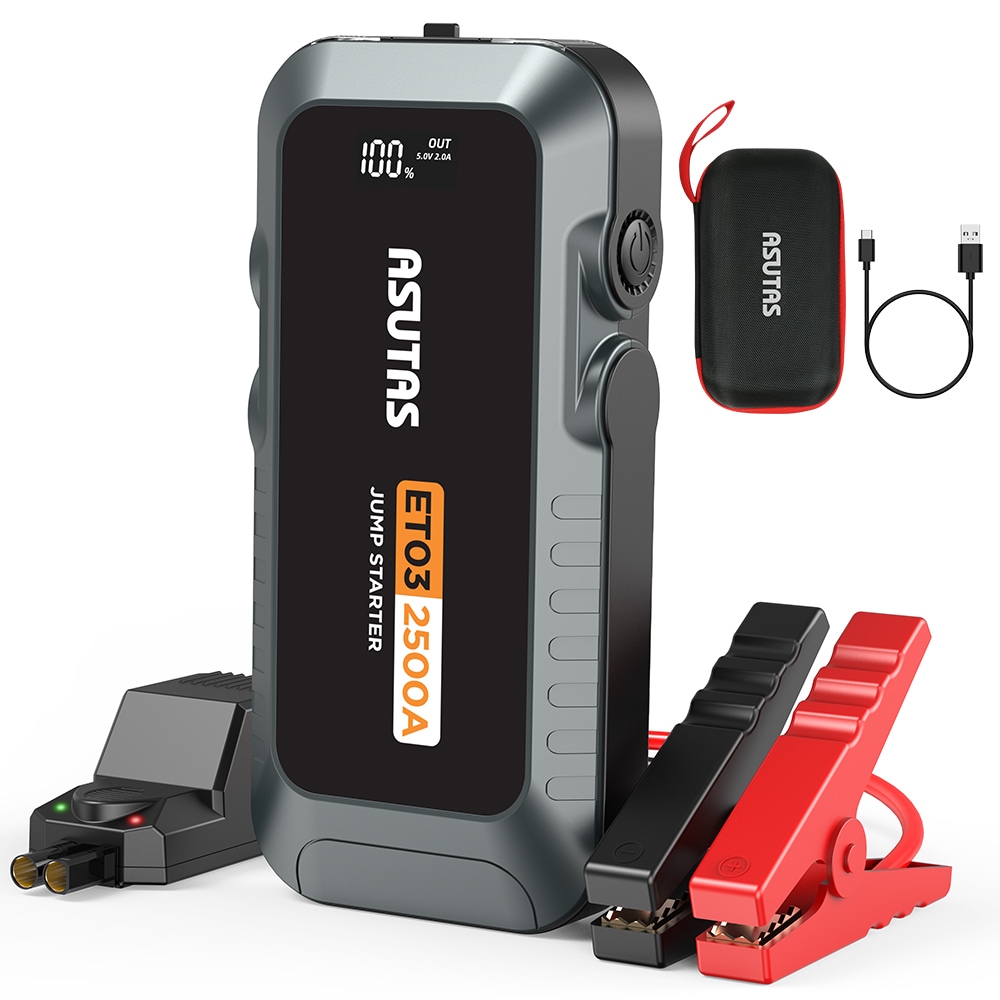 ASUTAS ジャンプスターター 21800mAh 大容量 2500Aピーク電流 12V 車用エンジンスターター 車緊急始動 モバイルバッテリー機能 LEDライト搭載 収納ケース付き