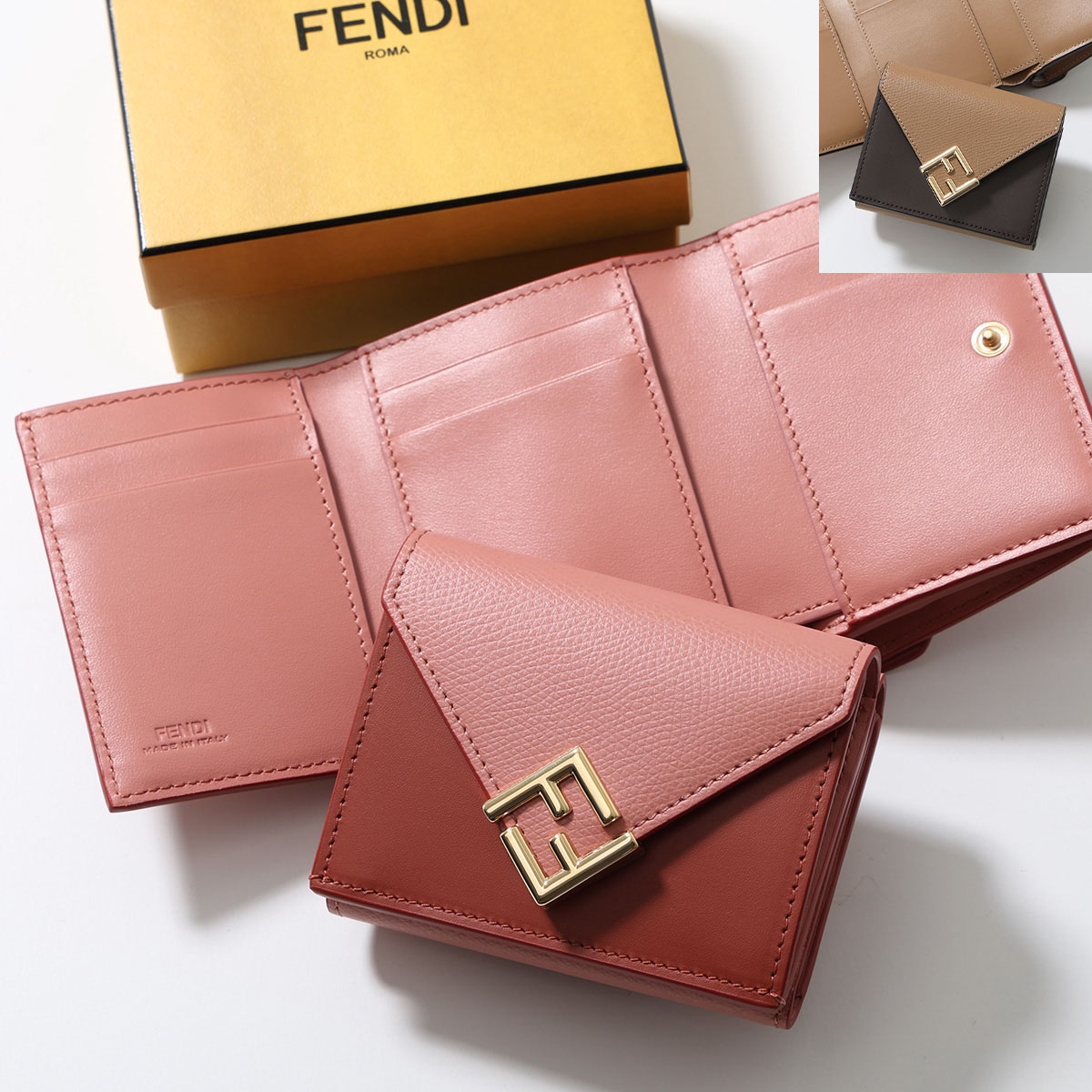 FENDI フェンディ 三つ折り財布 8M0480 ALV4 レディース FFダイヤモンド レザー ミニ財布 豆財布 FFロゴメタル バイカラー 小銭入れあり カラー14色