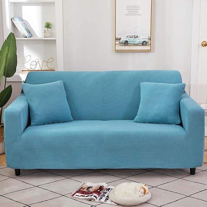ソファーカバー 4人掛け 肘掛け付き ブルー ストレッチ 伸縮素材 フィットソファーカバー ワッフル 縦横伸縮 一体型 滑り止め 四季通用 丸洗い可能 犬猫兼用 耐摩耗 防塵 防汚