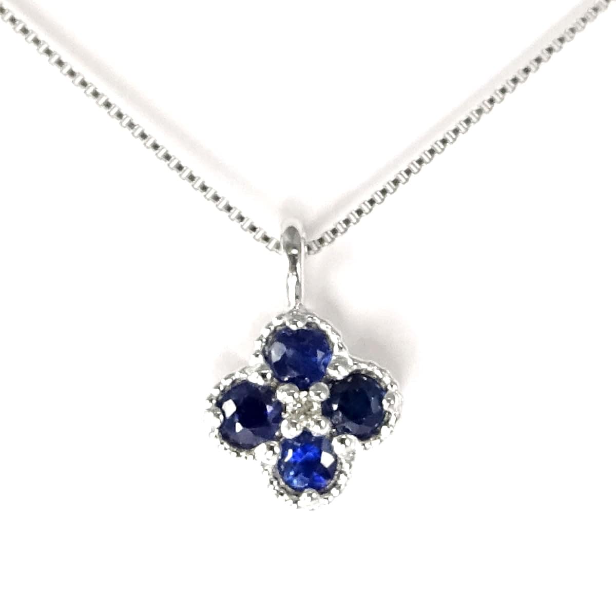 サファイア ネックレス ペンダント10金WG（K10WG）ホワイトゴールドダイヤ入りプチクローバーデザインS3117