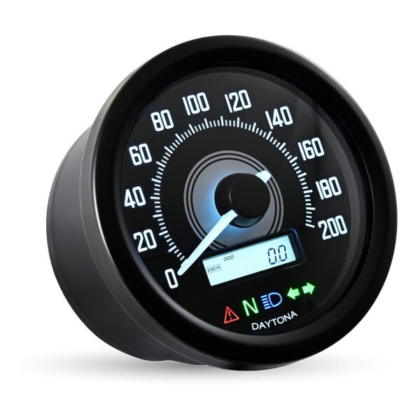 D44202 VELONA 電気式 スピードメーター 電圧計 ブラックボディ/ホワイトLED φ60 200km/h表示