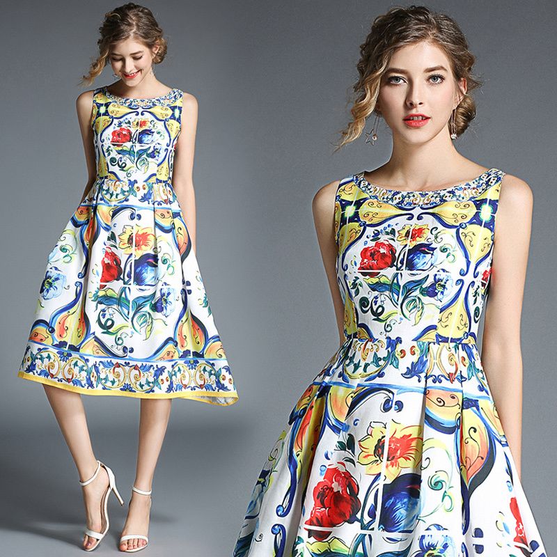ワンピース レディース ノースリーブ 膝下 ミモレ丈 袖なし Uネック Aライン 大人 可愛い 上品 カラフル 花柄 アート パーティー イベント リゾート 旅行 おしゃれ 華やか デート お出かけ