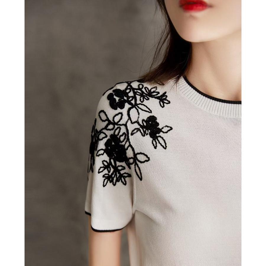 夏新作ブラウス レディース 春夏 シフォン 刺繍 クルーネック フレア袖 レース 白シャツ フォーマル トップス 大人 通勤 きれいめ カジュアル おしゃれ 30代 40