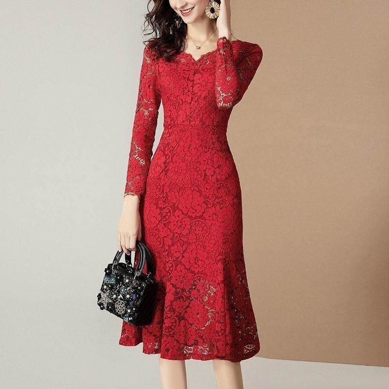 2025春と秋のスリム気質ワインレッドドレススカートレトロスリムスリムレースフィッシュテールドレス 母の日-0009309
