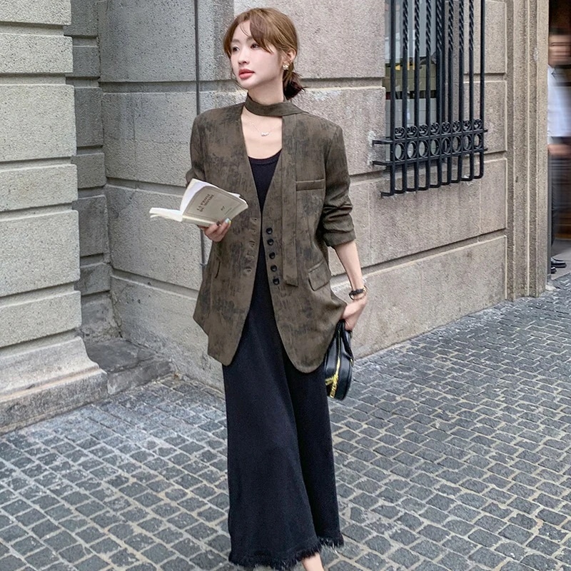 リボンハロスーツジャケット2024秋年齢ファッショナブルタッセルベストスカートスーツジャケット2点セット