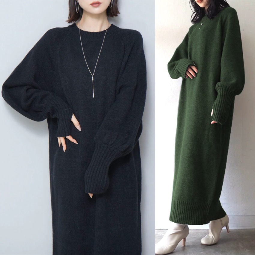 レディース ワンピース ニット ロング アンクル丈 長袖 ラウンドネック もこもこ ふわふわ かわいい 大人可愛い きれいめ シンプル カジュアル 上品 おしゃれ かっこいい こなれ感 ガーリー