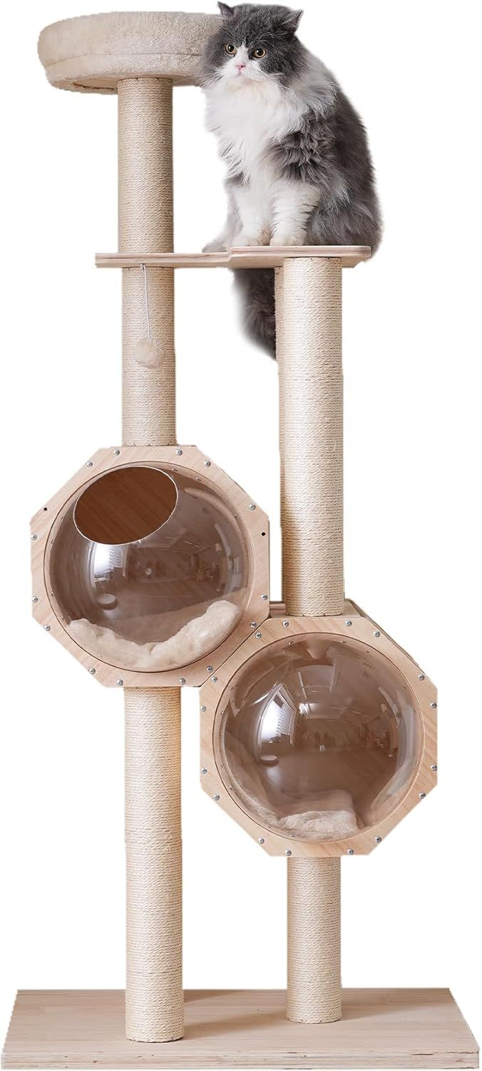 キャットタワー 木製 猫タワー ネコタワー 多頭飼い 大型 高さ152cm 二つ 透明な隠れ家 ポンポンおもちゃ 付き おしゃれ タワー 可愛い 運動不足解消 子猫 大型猫 7,597円