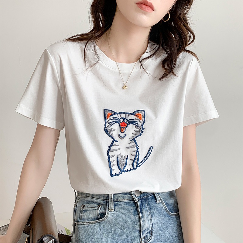 新しいスタイル 22年タイガーホワイトTシャツレディース半袖コットンルーズTシャツ猫刺繡レディースサマーデザインセン 2021年最新入荷