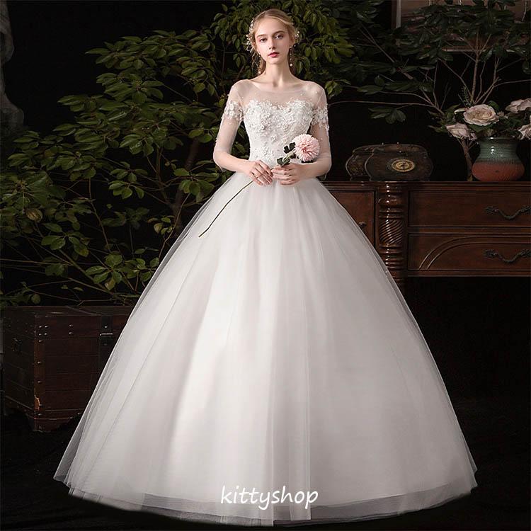 結婚式ドレス 白 ウェディングドレス オフショルダー キレイめ 海外挙式 ホワイトドレス ロングドレス 花嫁ドレス 披露宴 Aライン 七分袖 レース チュール 5,004円