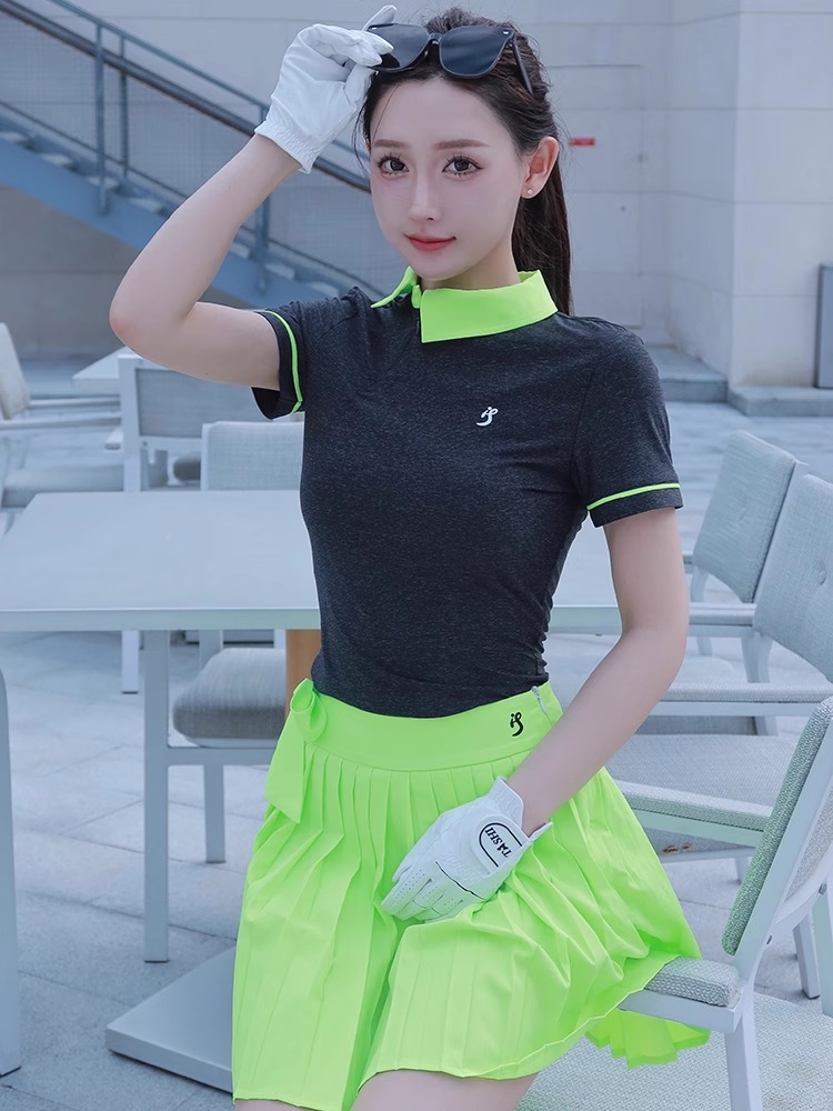 ゴルフウェア レディース スポーツウェア テニスウェア ゴルフスカート プリーツスカ POLOシャツ 半袖 Tシャツ スカート 上下セット 黒 蛍光緑 女性 速乾 春 夏 韓国風 おしゃれ