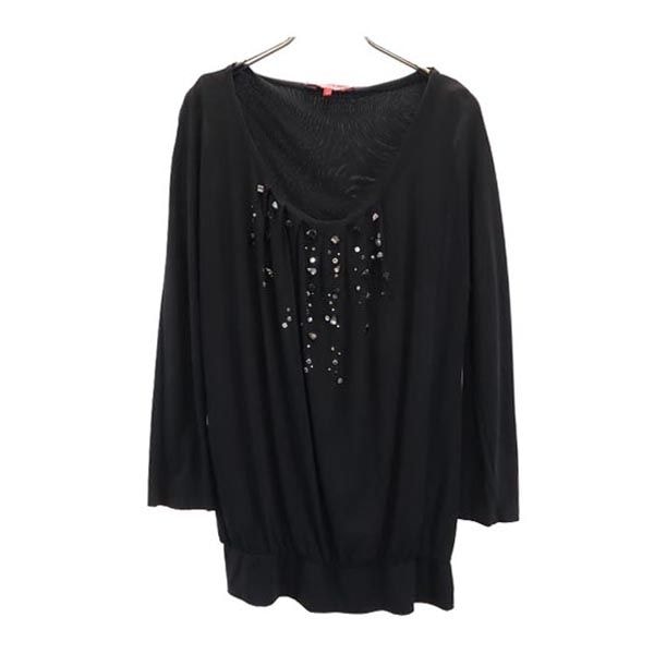 長袖 カットソー L ブラック系 ラインストーン レディース