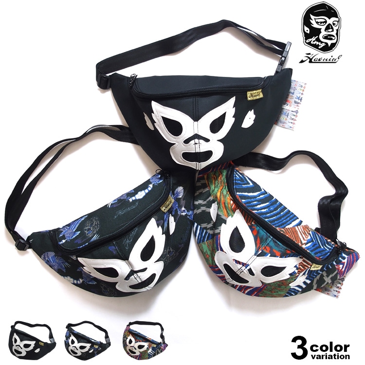 HAOMING ハオミン ウエストポーチ ヒップバッグ MASK MINI Funny pack ボディバッグ 総柄 イーグル パッチワーク レオパード ブラック 斜めがけ 22601 プロレス