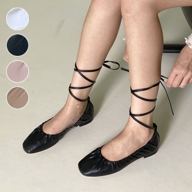 4color 取り外し可能なアンクルレースアップ付き 丸いスクエアトゥ シャーリング ローヒール 2WAY フラットシューズ