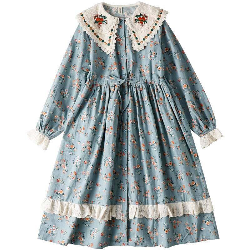 ロングワンピース 春 夏 秋 ワンピース 長袖 可愛い ゆったり レディース フリル 前開き 綿麻 ビッグカラー