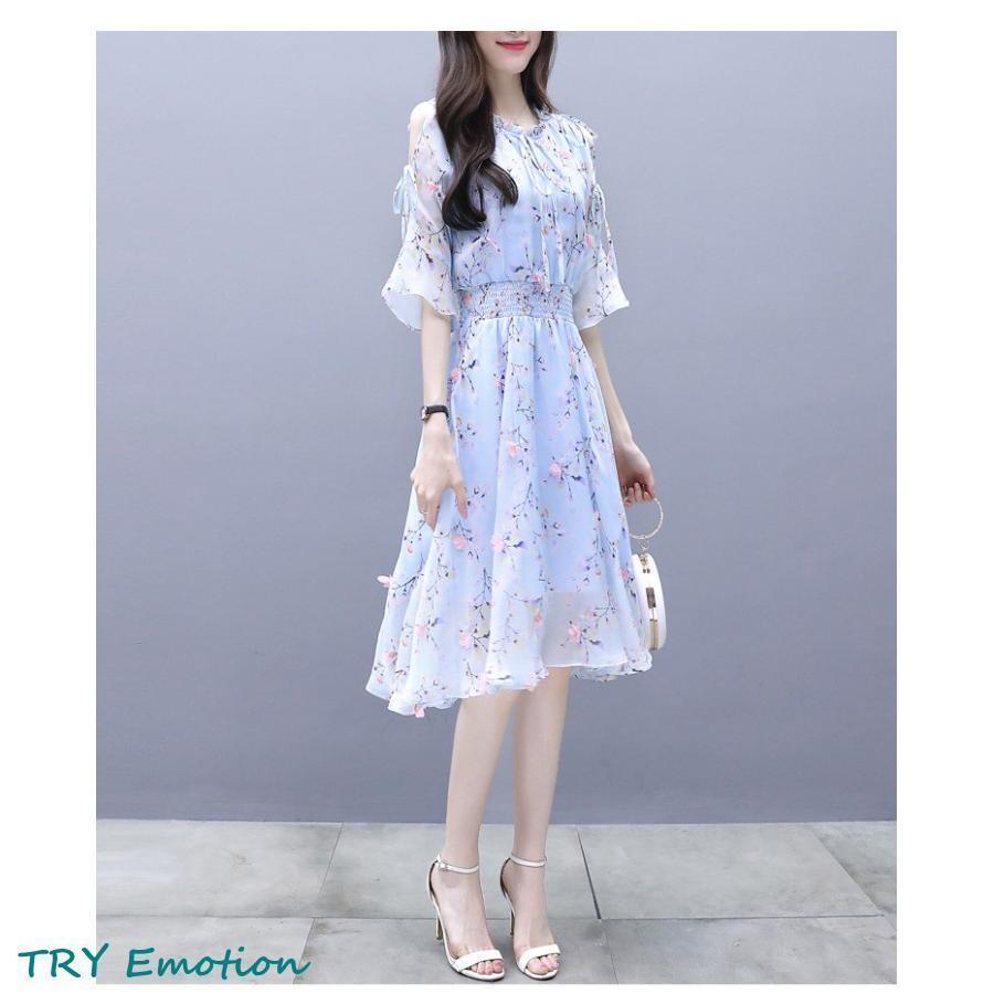 ワンピース レディース 40代 膝丈ワンピース 春夏 五分袖シフォンワンピース 花柄 肩出しフレアスカート オシャレ 結婚式ドレス お出かけ 大人可愛い30代 50代