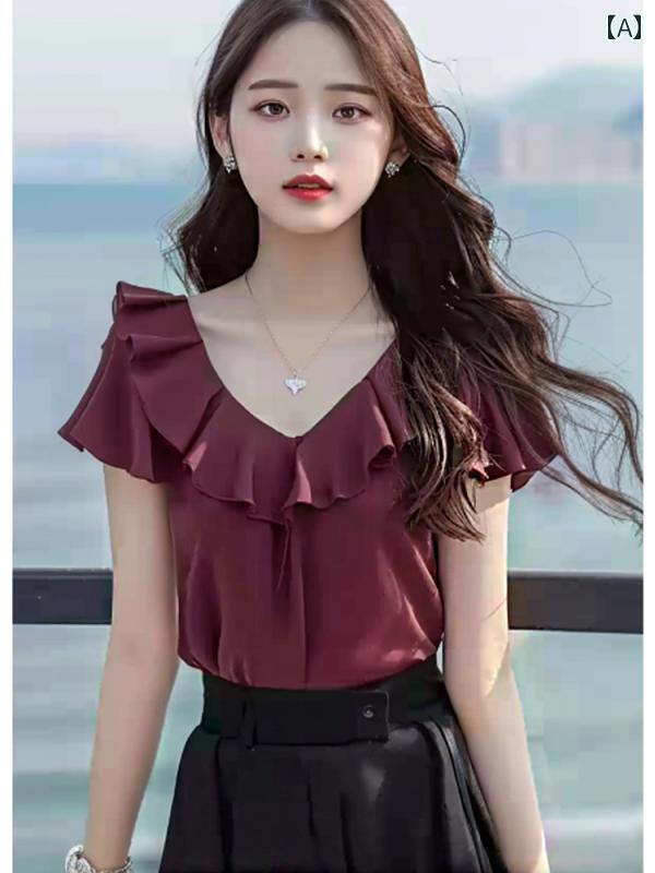 レディース ファッション ブルゴーニュ フリル 半袖 シャツ スモール トップスス 夏 婦人服