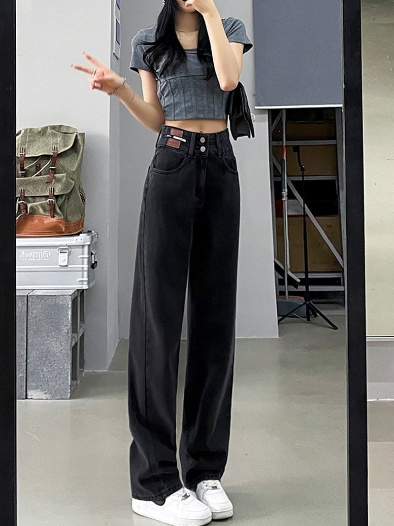 ハイウエストジーンズ女性春秋冬秋と秋の新しいバーストモデル薄いl黒ドレープルーズストレートワイドパンツ春秋冬秋