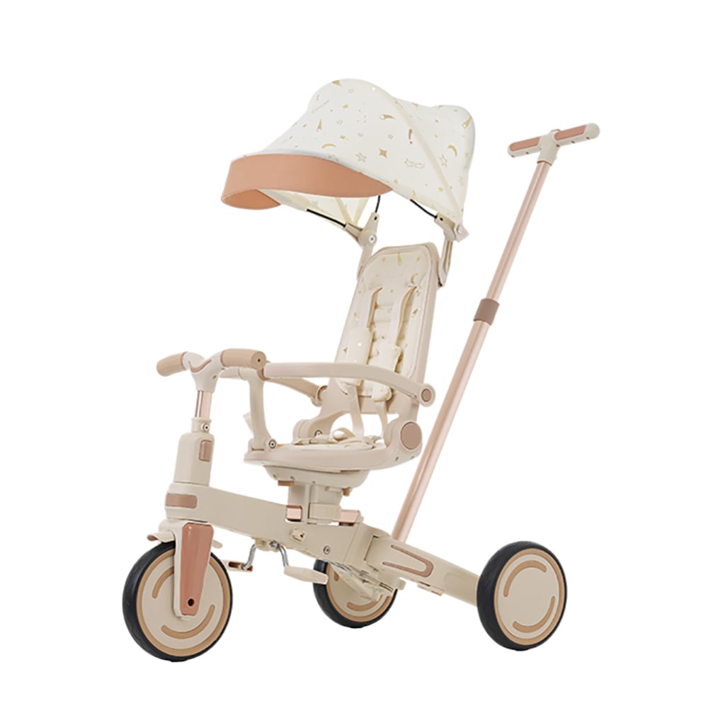 三輪車 ワンタッチ折りたたみ 高級 子供用三輪車（ベージュ×ブラウン） 三輪車のりもの サンシェード付き 安全バー付き シートベルト付き コントロールバー付き シート調整可